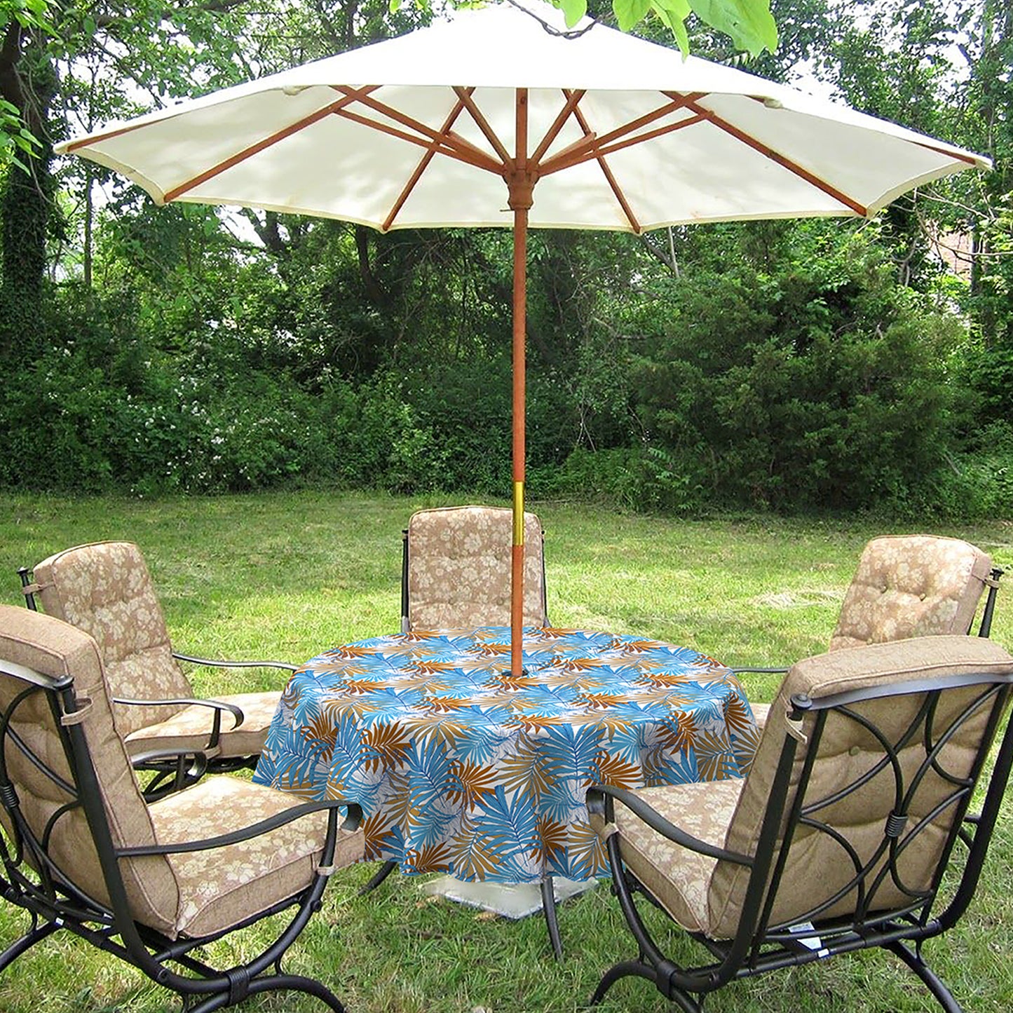 Melody Elephant Outdoor/Indoor Round Tablecloth with Umbrella Hole Zipper, Decorative Circular Table Cover for Home Garden, 60 Inch, Piermont Leaves Blue