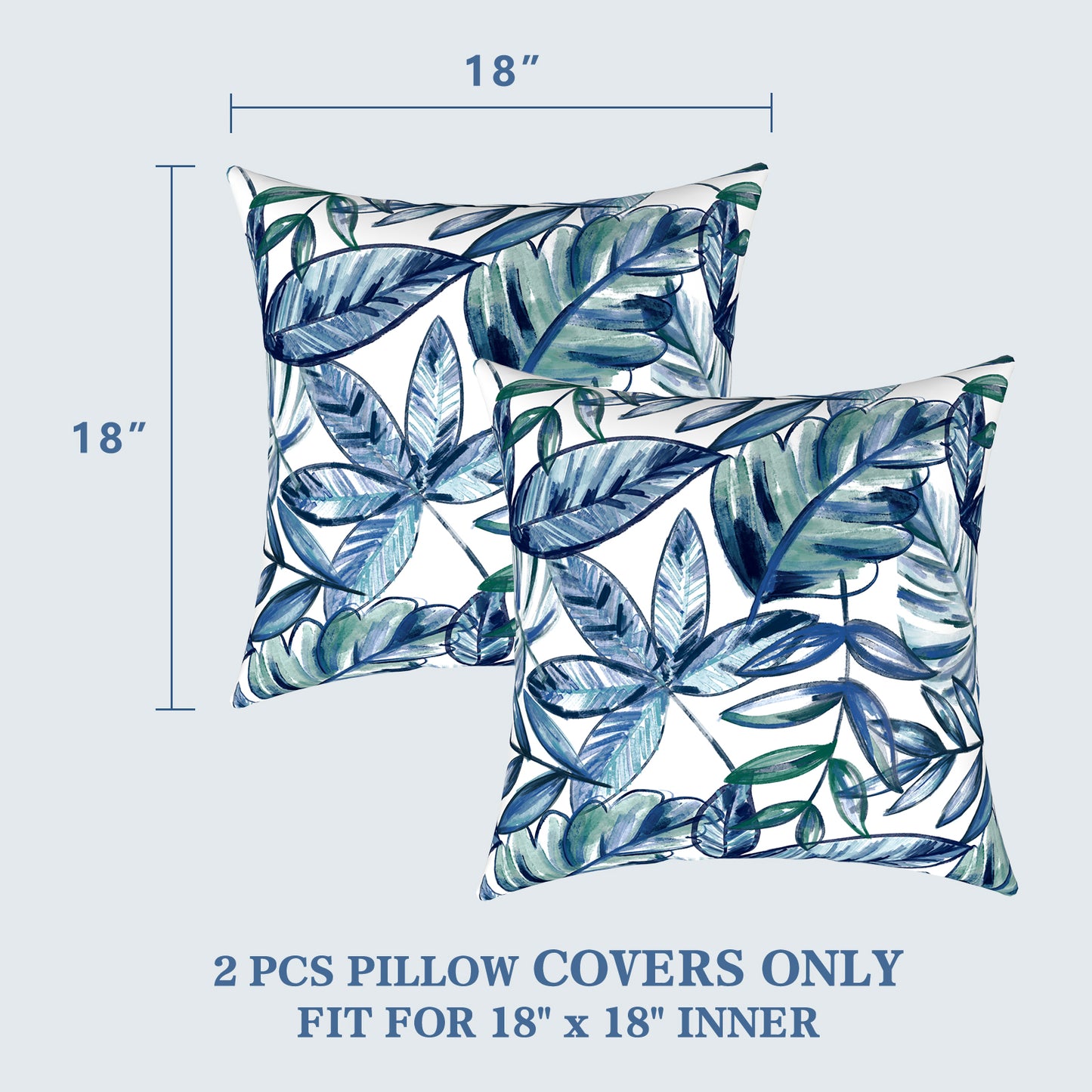 Melody Elephant Outdoor Throw Pillow Covers Pack of 2, Decorative Water Repellent Square Pillow Cases 18x18 Inch, Patio Pillowcases for Home Patio Furniture Use, Leaves Ink Blue