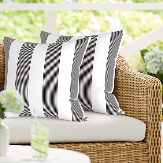 Melody Elephant Patio Throw Pillows with Inners, Fade Resistant Square Pillow Pack of 2, Decorative Garden Cushions for Home, 18x18 Inch, Stripe Cabana Black