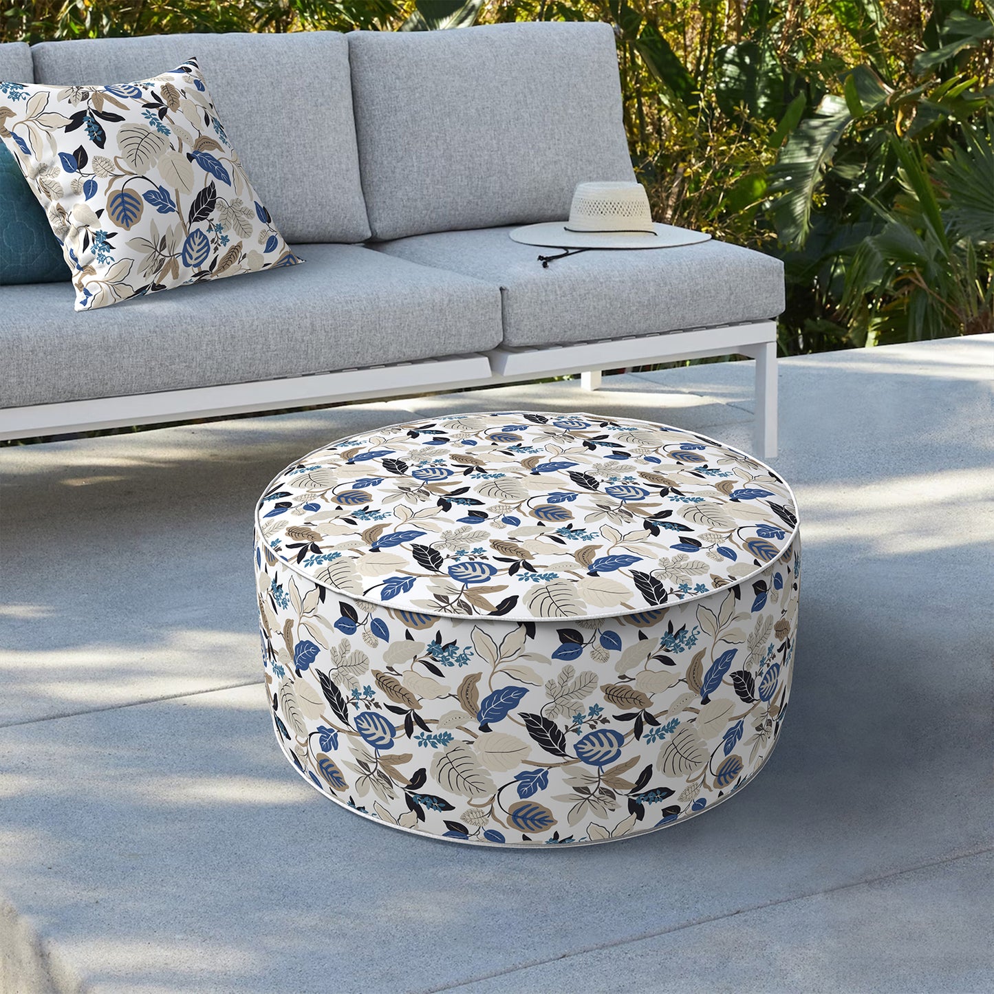 Outdoor Inflatable Stool Ottoman, All Weather Portable Footrest Stool, Furniture Stool Ottomans for Home Garden Beach, D31”xH14”, Breeze Leaves Beige