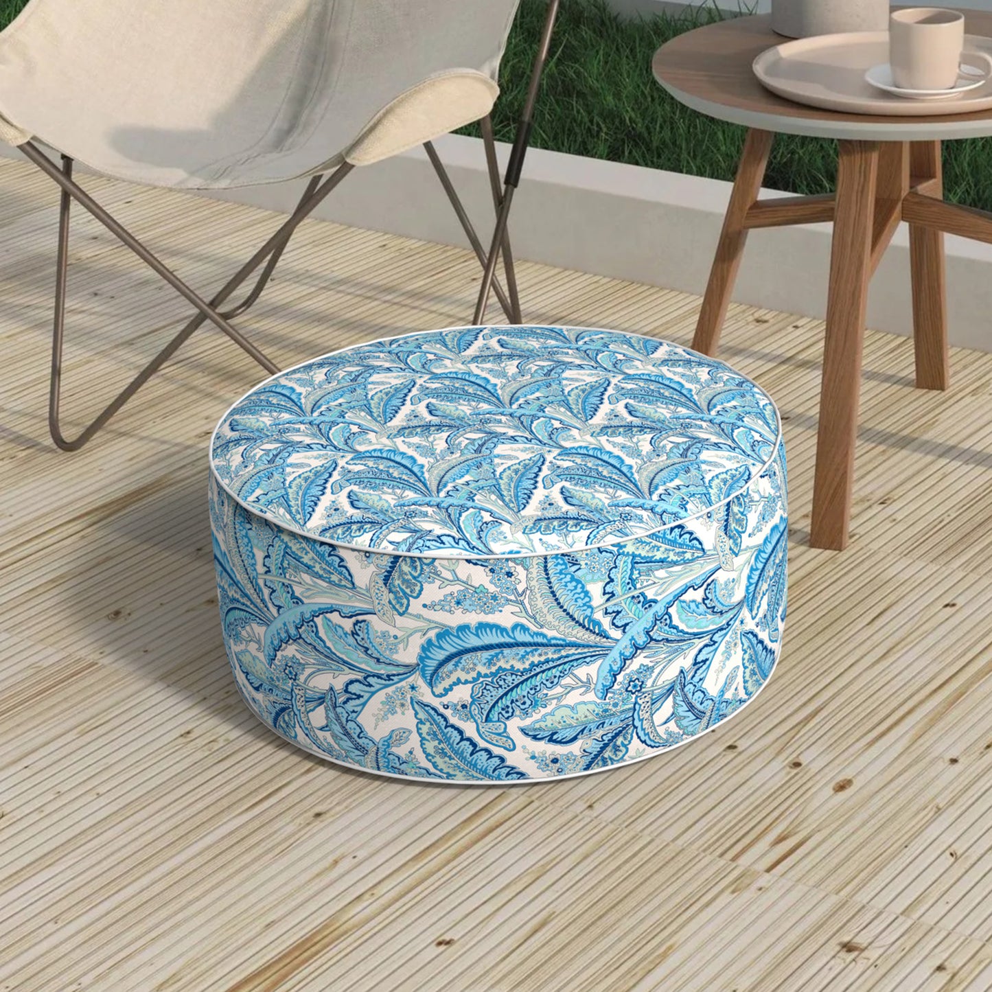 Melody Elephant Patio Inflatable Ottoman, 21x9 Inch Portable Stool Ottoman with Handle, Outdoor Round Footrest Stool for Garden Camping, Monotone Leaves Blue