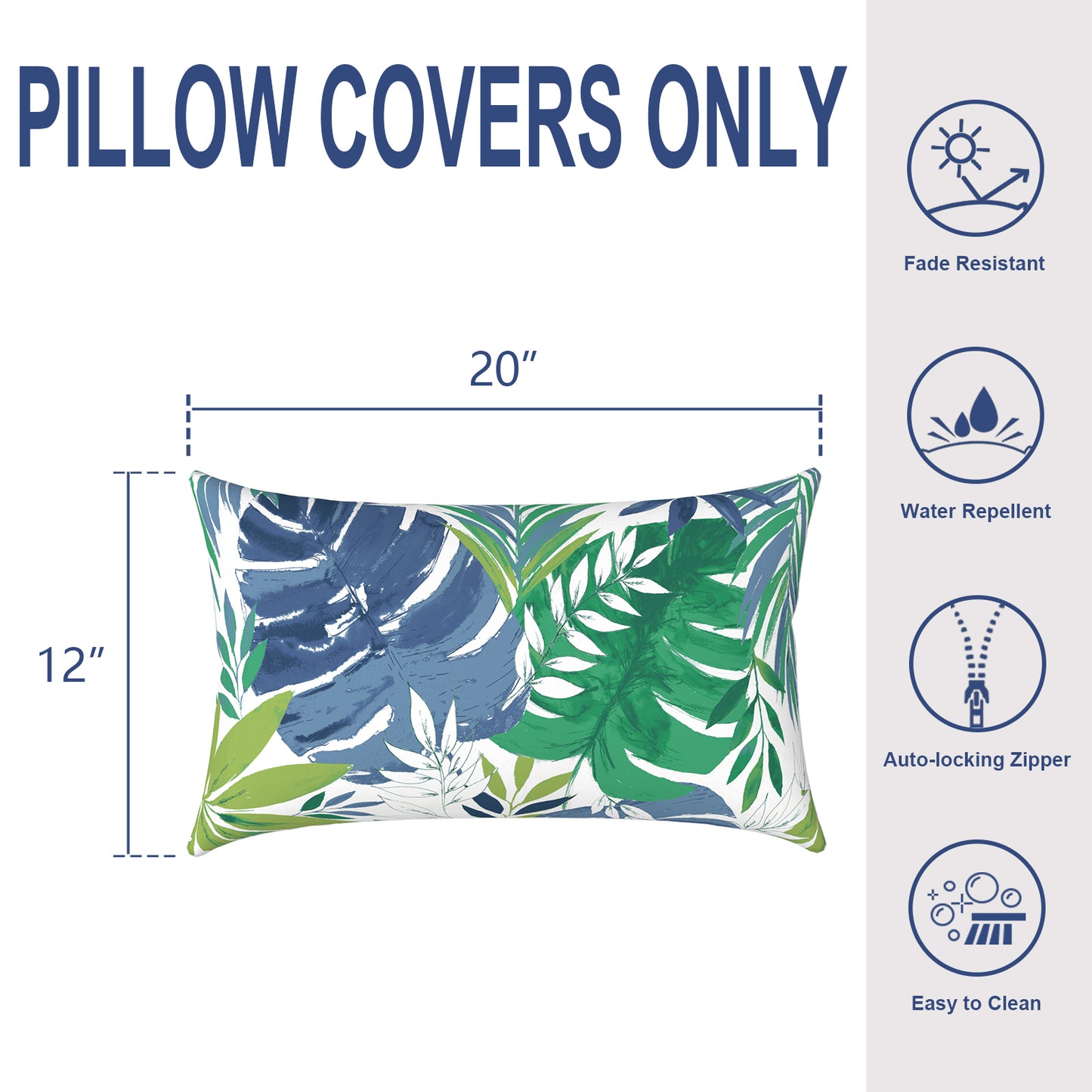 Melody Elephant Pack of 2 Outdoor Lumbar Pillow Covers, All Weather Cushion Pillow Cases 12x20 Inch, Pillowcase for Patio Couch Decoration, Islamorada Blue Green