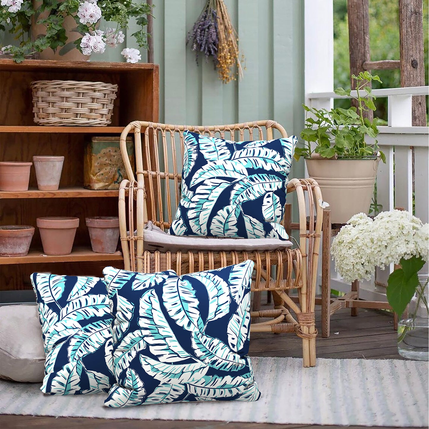 Melody Elephant Outdoor/Indoor Throw Pillow Covers Set of 2, All Weather Square Pillow Cases 16x16 Inch, Patio Cushion Pillow of Home Furniture Use, Baltic Palms White