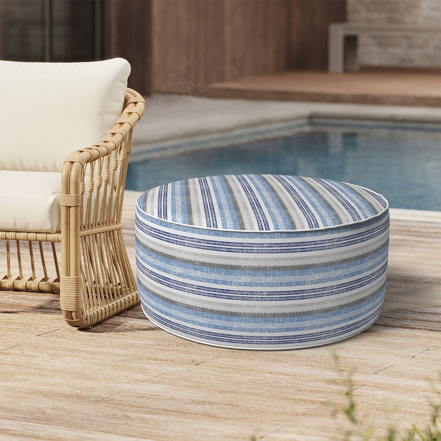 Outdoor Inflatable Stool Ottoman, All Weather Portable Footrest Stool, Furniture Stool Ottomans for Home Garden Beach, D31”xH14”, Stripe Layered Blue