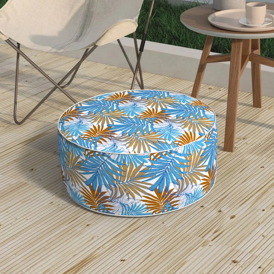 Melody Elephant Patio Inflatable Ottoman, 21x9 Inch Portable Stool Ottoman with Handle, Outdoor Round Footrest Stool for Garden Camping, Piermont Leaves Blue