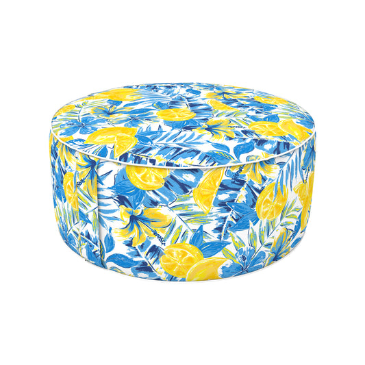 Melody Elephant Patio Inflatable Ottoman, 21x9 Inch Portable Stool Ottoman with Handle, Outdoor Round Footrest Stool for Garden Camping, Lemon Blossom Blue