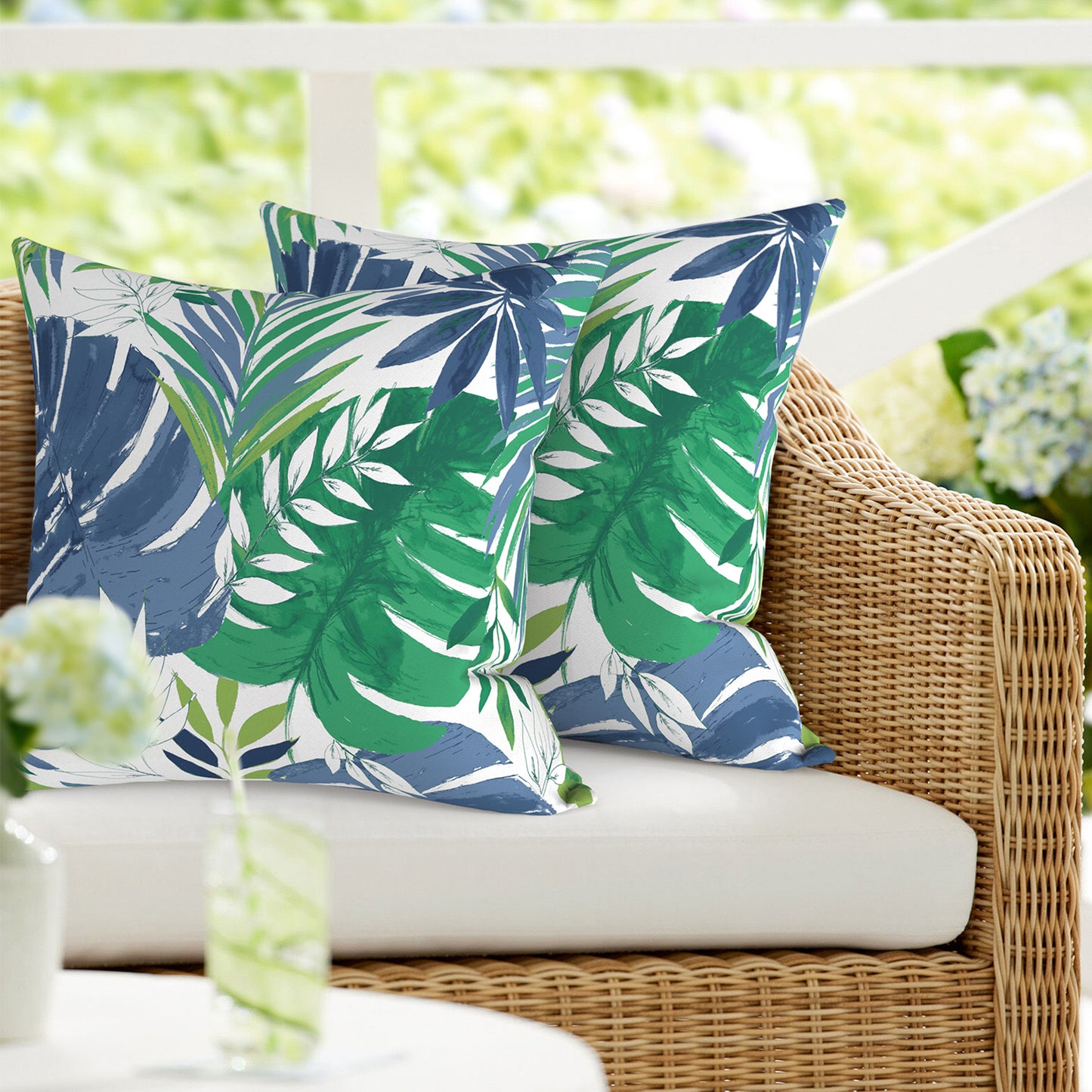 Melody Elephant Patio Throw Pillows with Inners, Fade Resistant Square Pillow Pack of 2, Decorative Garden Cushions for Home, 18x18 Inch, Islamorada Blue Green