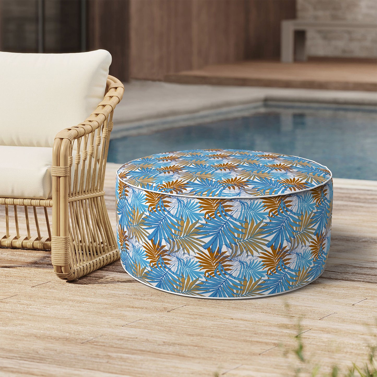 Outdoor Inflatable Stool Ottoman, All Weather Portable Footrest Stool, Furniture Stool Ottomans for Home Garden Beach, D31”xH14”, Piermont Leaves Blue