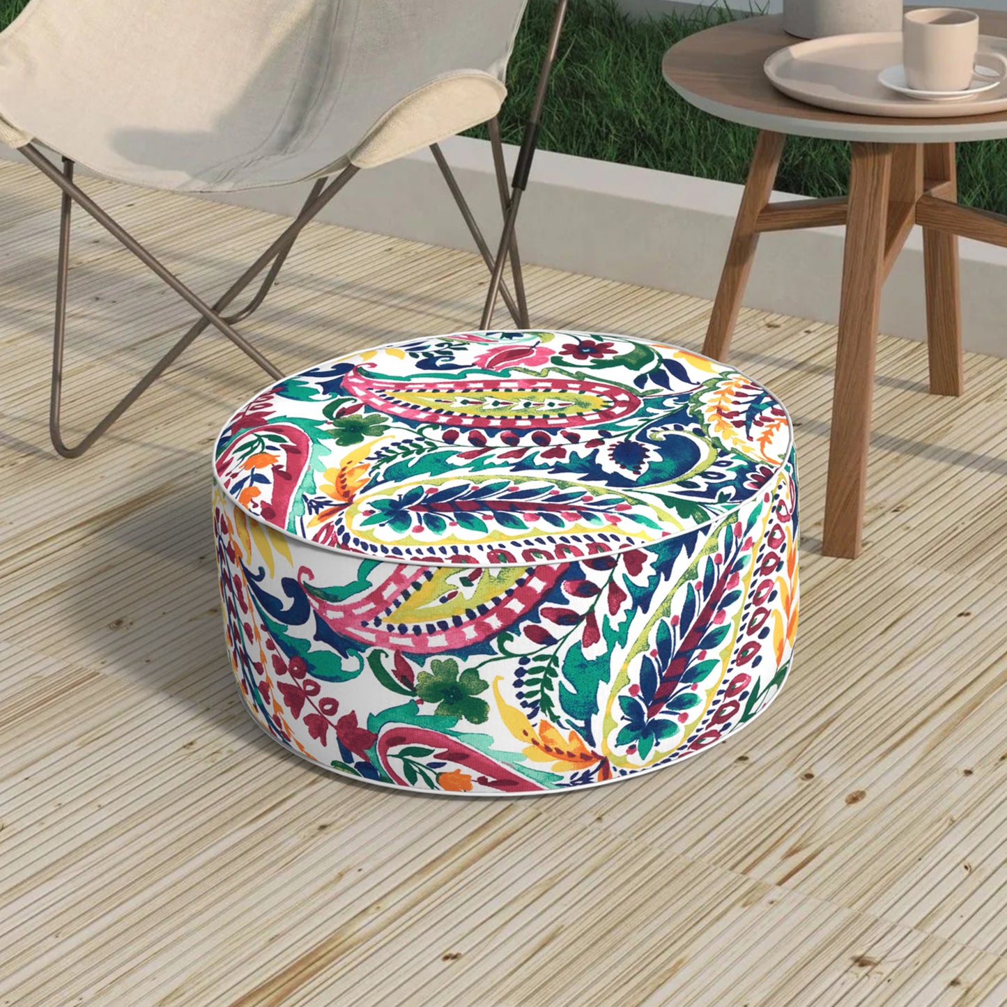 Melody Elephant Patio Inflatable Ottoman, 21x9 Inch Portable Stool Ottoman with Handle, Outdoor Round Footrest Stool for Garden Camping, Vigour Paisley