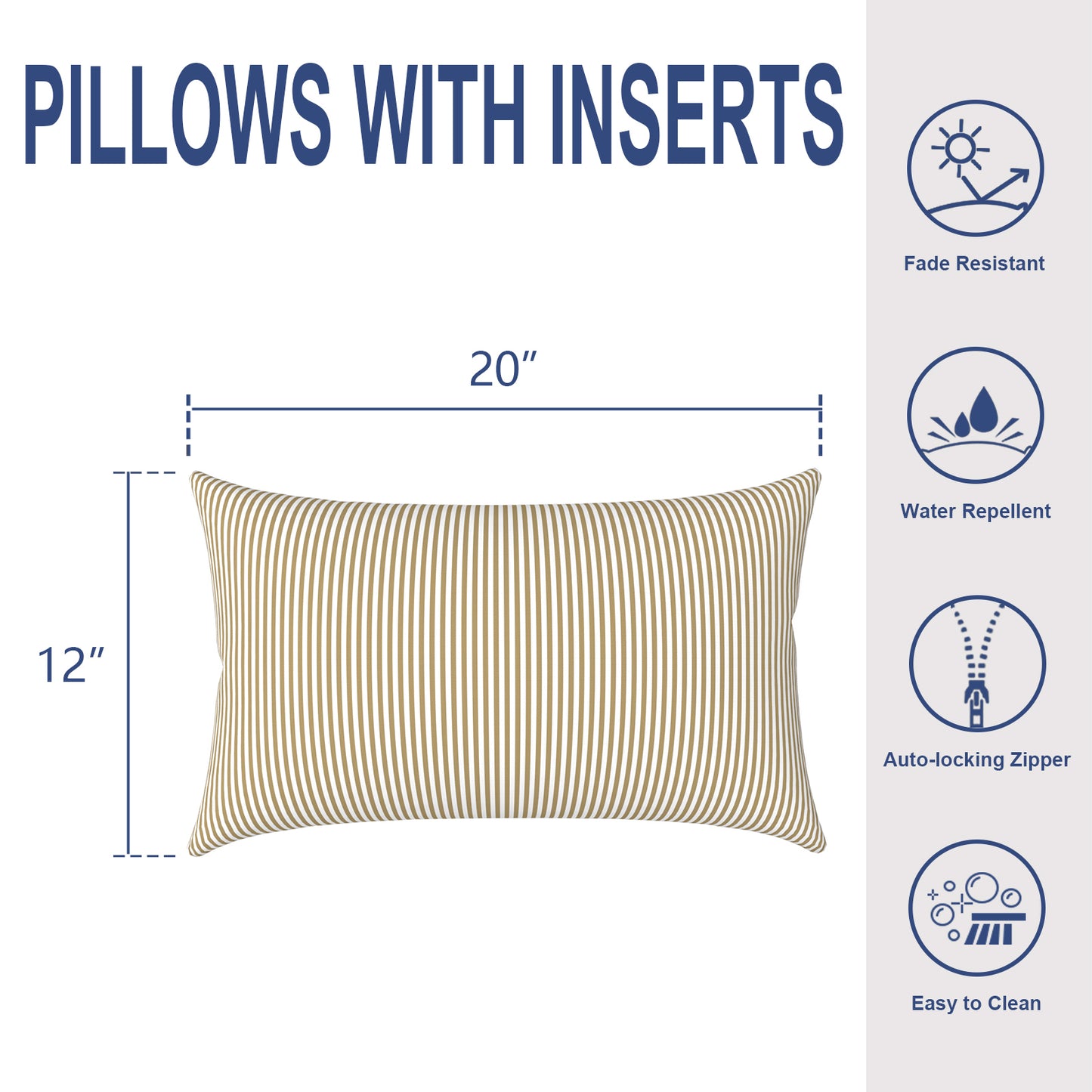 Melody Elephant Outdoor/Indoor Lumbar Pillows, Water Repellent Cushion Pillows, 12x20 Inch, Outdoor Pillows with Inserts for Home Garden, Pack of 2, Stripe Beige