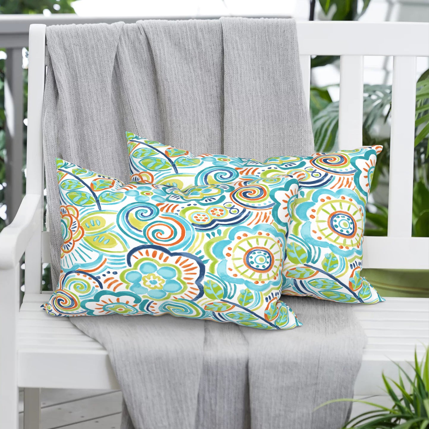 Melody Elephant Pack of 2 Outdoor Lumbar Pillow Covers, All Weather Cushion Pillow Cases 12x20 Inch, Pillowcase for Patio Couch Decoration, Flower Blue