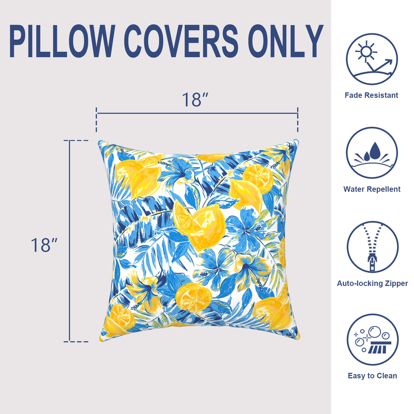 Melody Elephant Outdoor Throw Pillow Covers Pack of 2, Decorative Water Repellent Square Pillow Cases 18x18 Inch, Patio Pillowcases for Home Patio Furniture Use, Lemon Blossom Blue