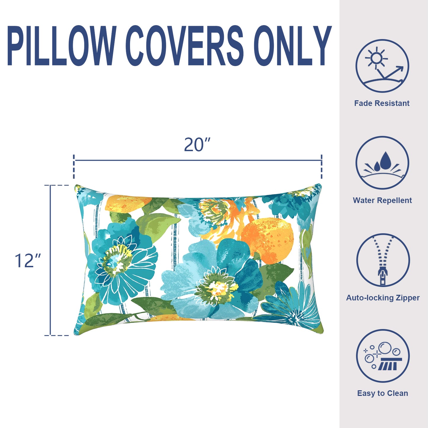Melody Elephant Pack of 2 Outdoor Lumbar Pillow Covers, All Weather Cushion Pillow Cases 12x20 Inch, Pillowcase for Patio Couch Decoration, Lotus Blue