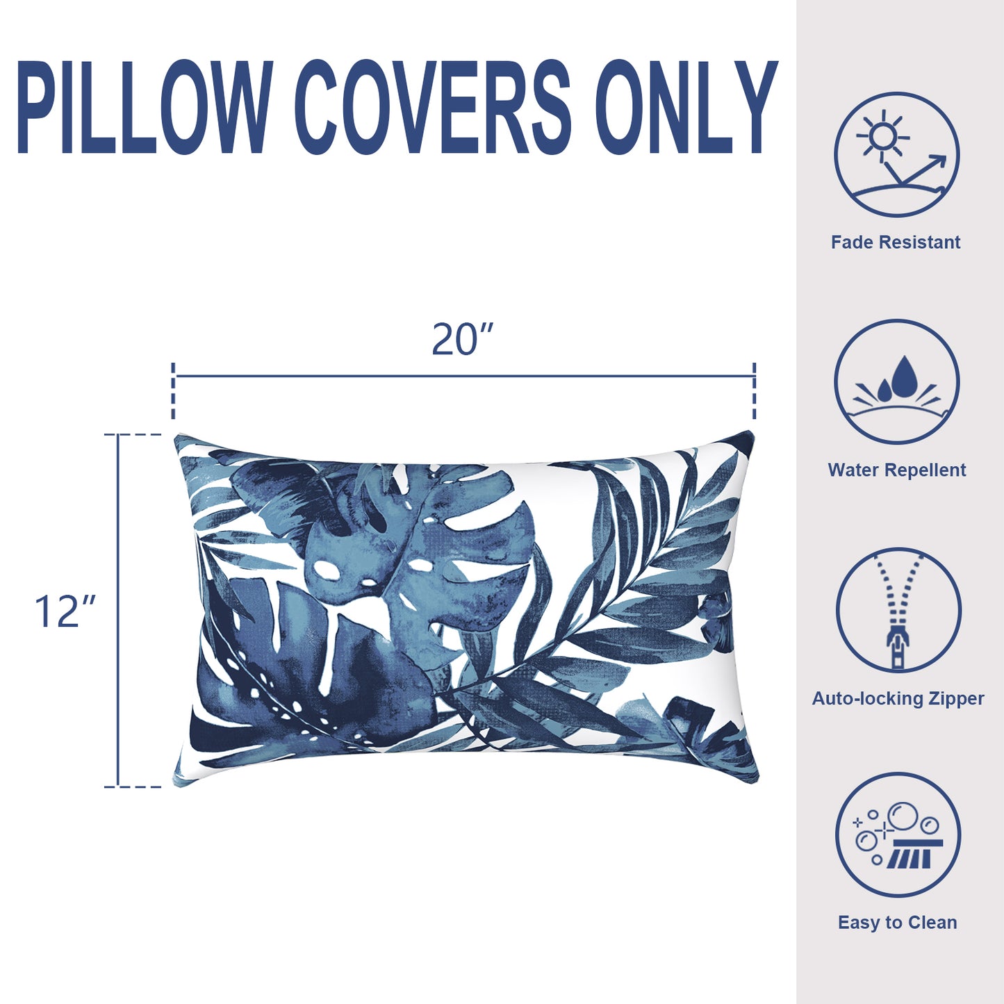 Melody Elephant Pack of 2 Outdoor Lumbar Pillow Covers, All Weather Cushion Pillow Cases 12x20 Inch, Pillowcase for Patio Couch Decoration, Palm Blue
