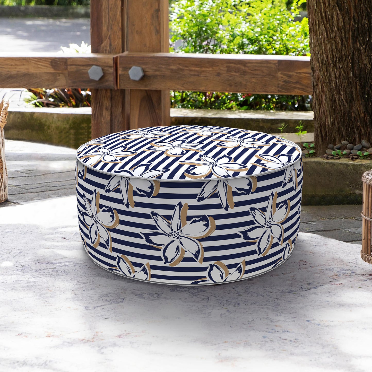 Outdoor Inflatable Stool Ottoman, All Weather Portable Footrest Stool, Furniture Stool Ottomans for Home Garden Beach, D31”xH14”, Clemens Cabana Navy