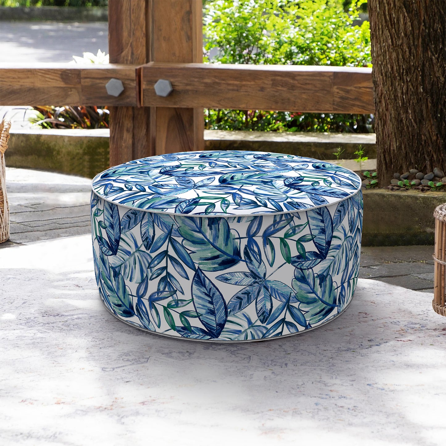 Outdoor Inflatable Stool Ottoman, All Weather Portable Footrest Stool, Furniture Stool Ottomans for Home Garden Beach, D31”xH14”, Leaves Ink Blue