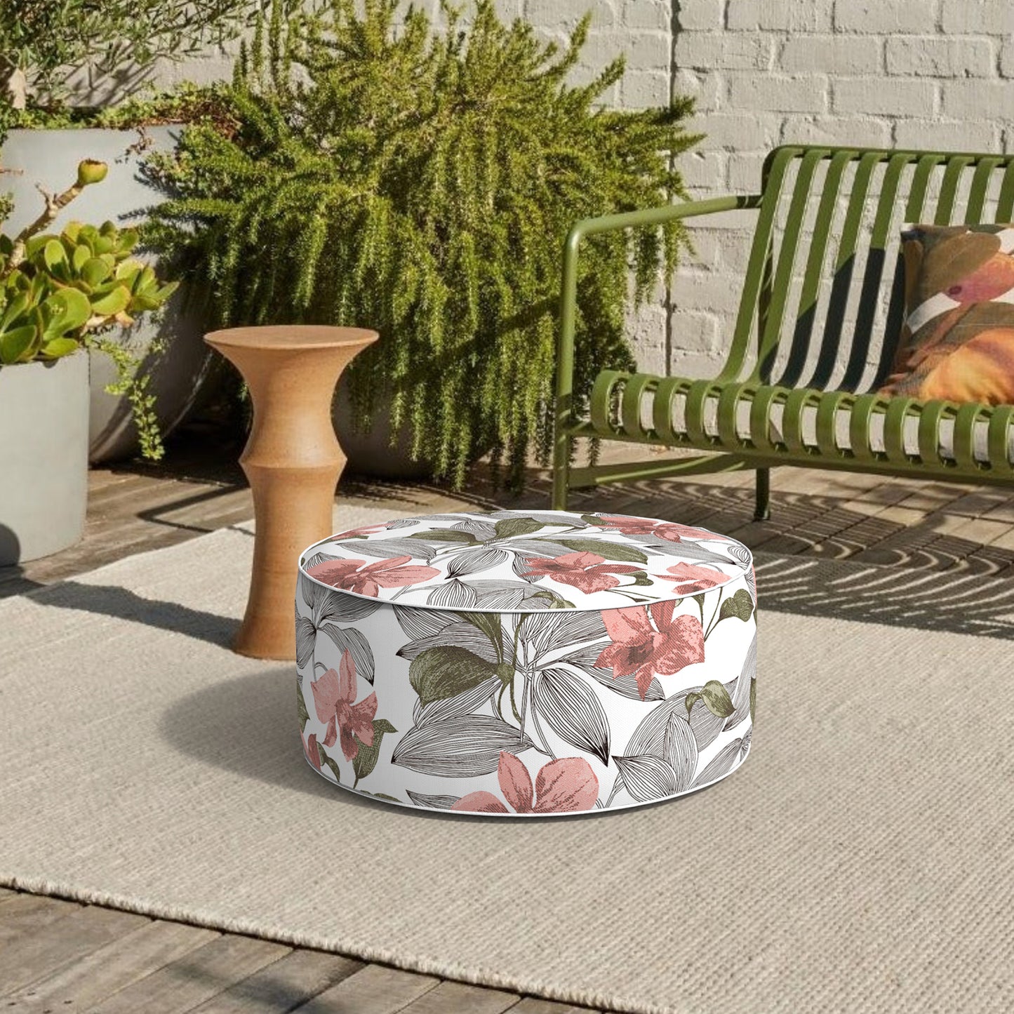 Melody Elephant Patio Inflatable Ottoman, 21x9 Inch Portable Stool Ottoman with Handle, Outdoor Round Footrest Stool for Garden Camping, Clemens Noir Pink