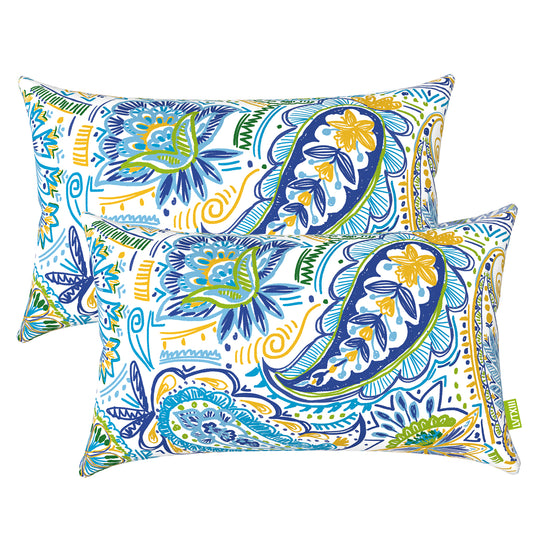 Melody Elephant Pack of 2 Outdoor Lumbar Pillow Covers, All Weather Cushion Pillow Cases 12x20 Inch, Pillowcase for Patio Couch Decoration, Blue Paisley