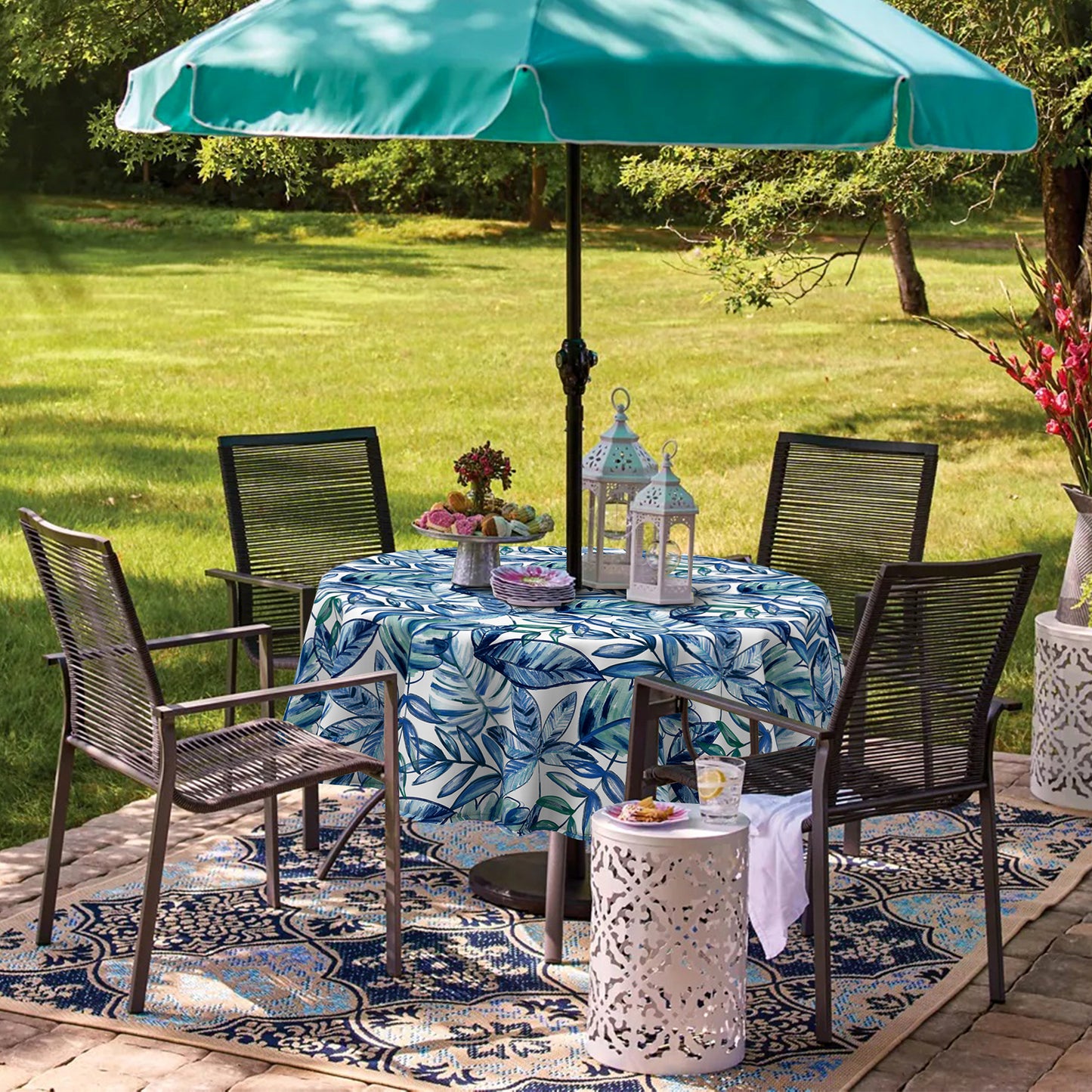 Melody Elephant Outdoor/Indoor Round Tablecloth with Umbrella Hole Zipper, Decorative Circular Table Cover for Home Garden, 60 Inch, Leaves Ink Blue