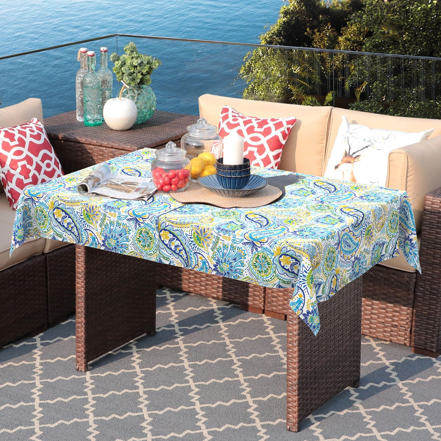 Melody Elephant Outdoor Rectangle Tablecloth, 60×84 Inch Water Repellent Picnic Table Cover with Umbrella Hole Zipper for Patio Family Meal, Blue Paisley