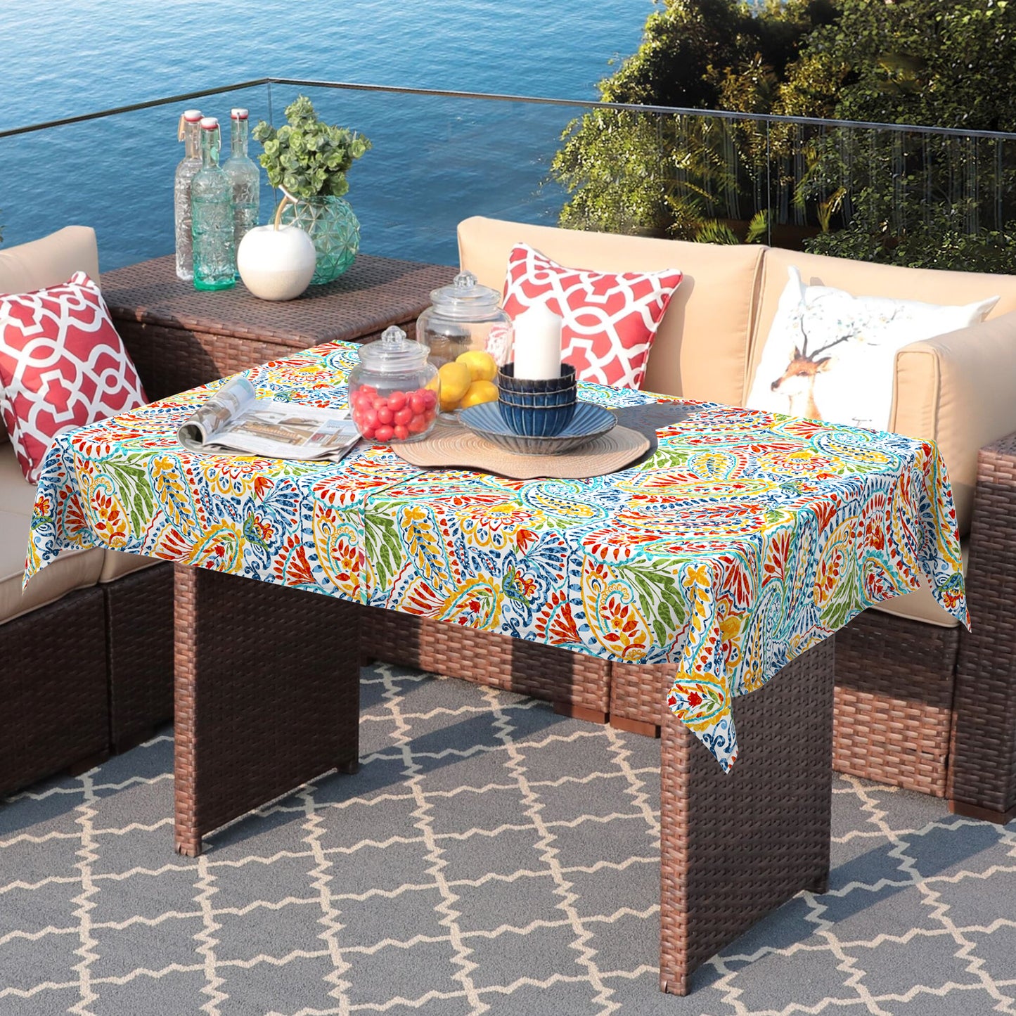 Melody Elephant Outdoor Rectangle Tablecloth, 60×84 Inch Water Repellent Picnic Table Cover with Umbrella Hole Zipper for Patio Family Meal, Paisley Multi