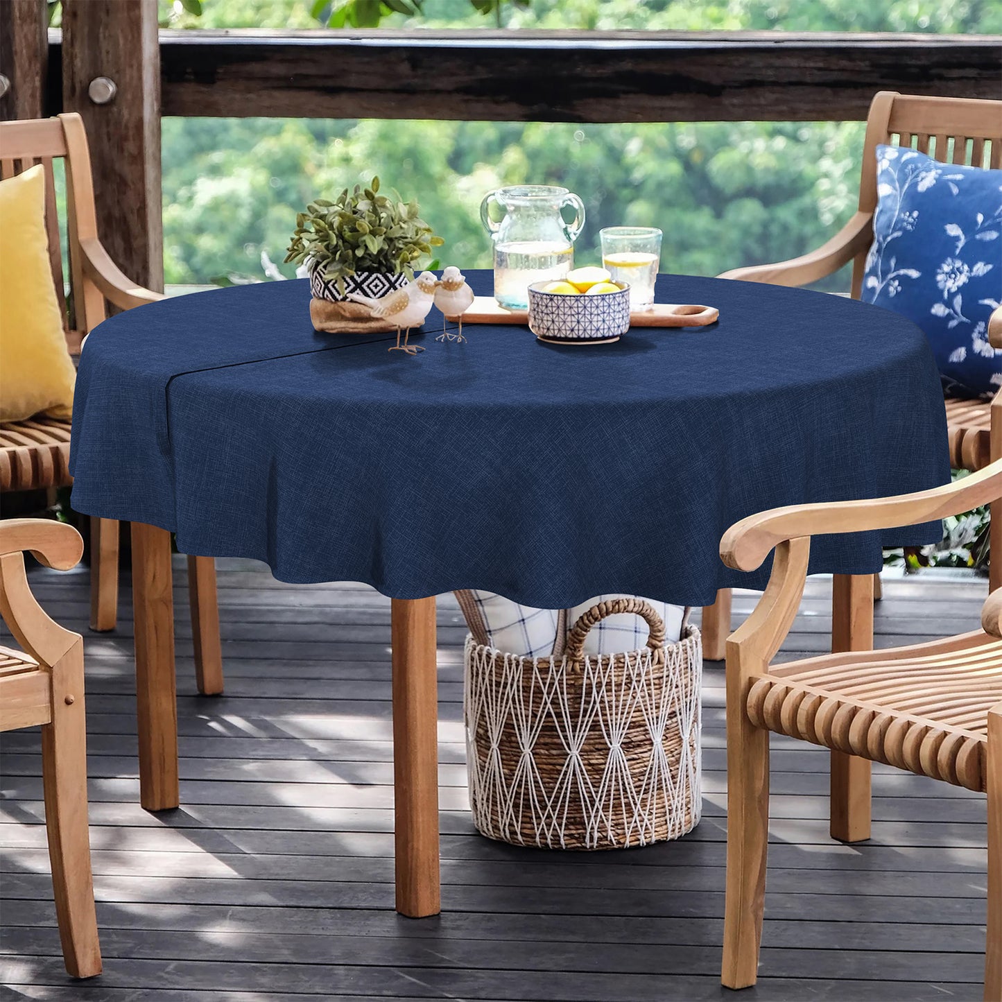 Melody Elephant Outdoor/Indoor Round Tablecloth with Umbrella Hole Zipper, Decorative Circular Table Cover for Home Garden, 60 Inch, Textured Navy