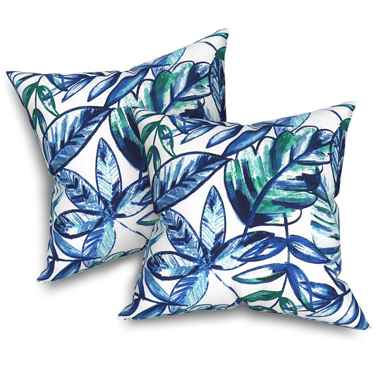 Melody Elephant Outdoor Throw Pillows with Inners, All Weather patio pillows set of 2, Square pillows Decorative for  home garden furniture, 20x20 Inch, Leaves Ink Blue