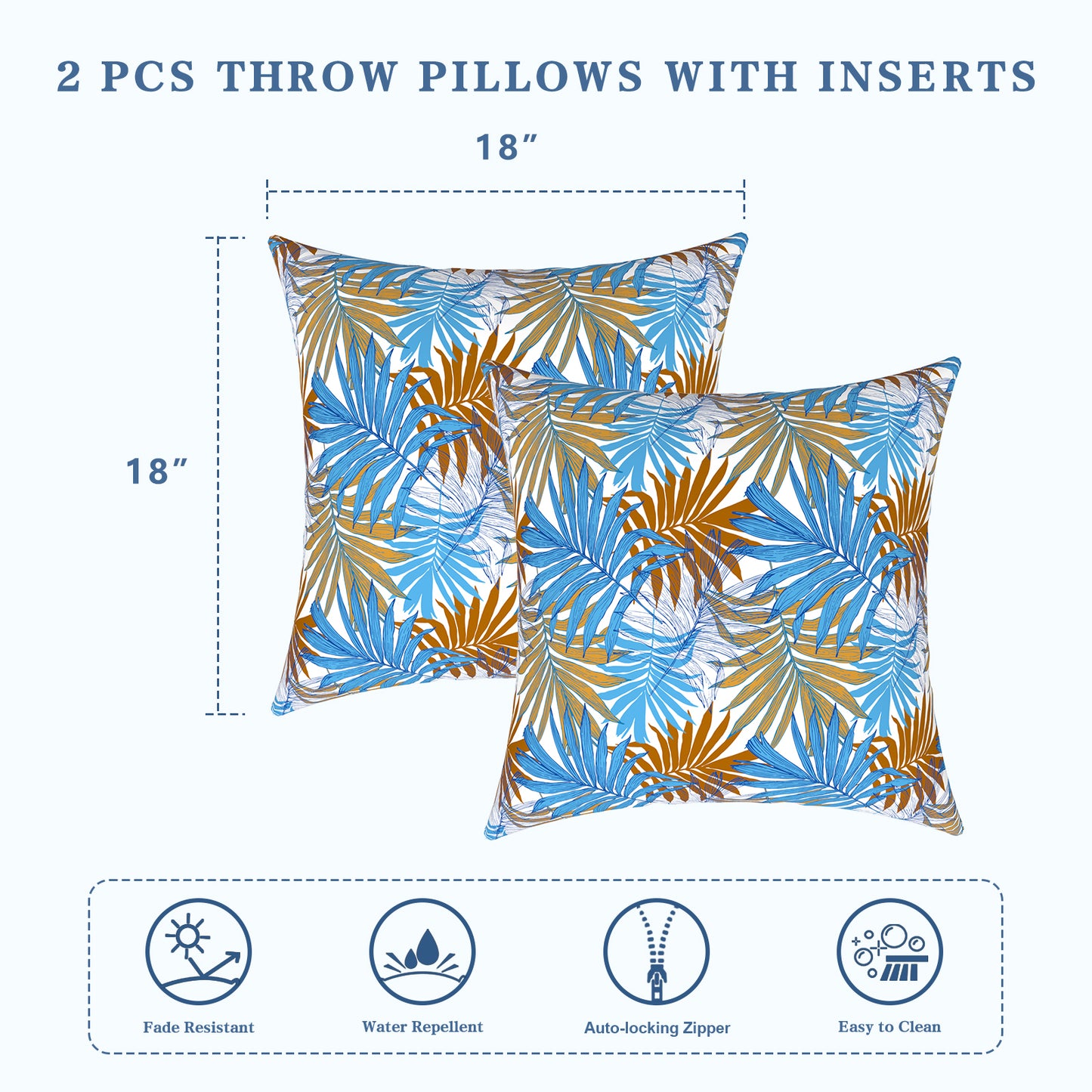 Melody Elephant Patio Throw Pillows with Inners, Fade Resistant Square Pillow Pack of 2, Decorative Garden Cushions for Home, 18x18 Inch, Piermont Leaves Blue