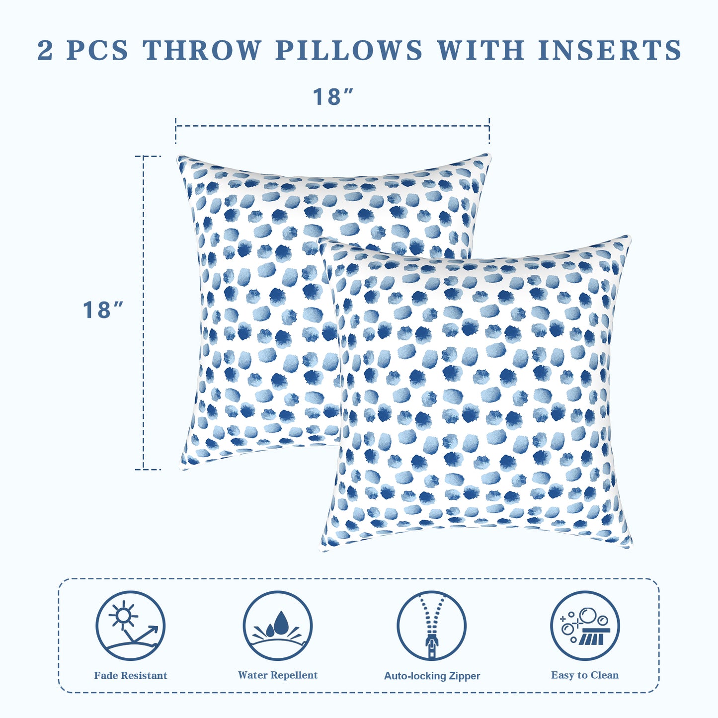 Melody Elephant Patio Throw Pillows with Inners, Fade Resistant Square Pillow Pack of 2, Decorative Garden Cushions for Home, 18x18 Inch, Brush Blue