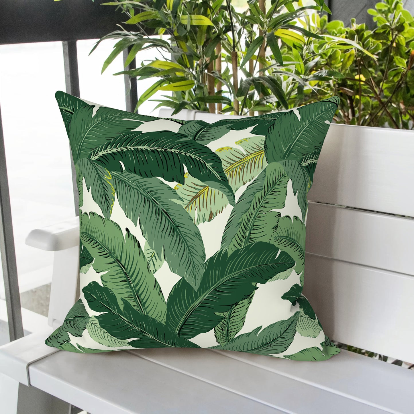 Melody Elephant Patio Throw Pillows with Inners, Fade Resistant Square Pillow Pack of 2, Decorative Garden Cushions for Home, 18x18 Inch, Swaying Palms Green