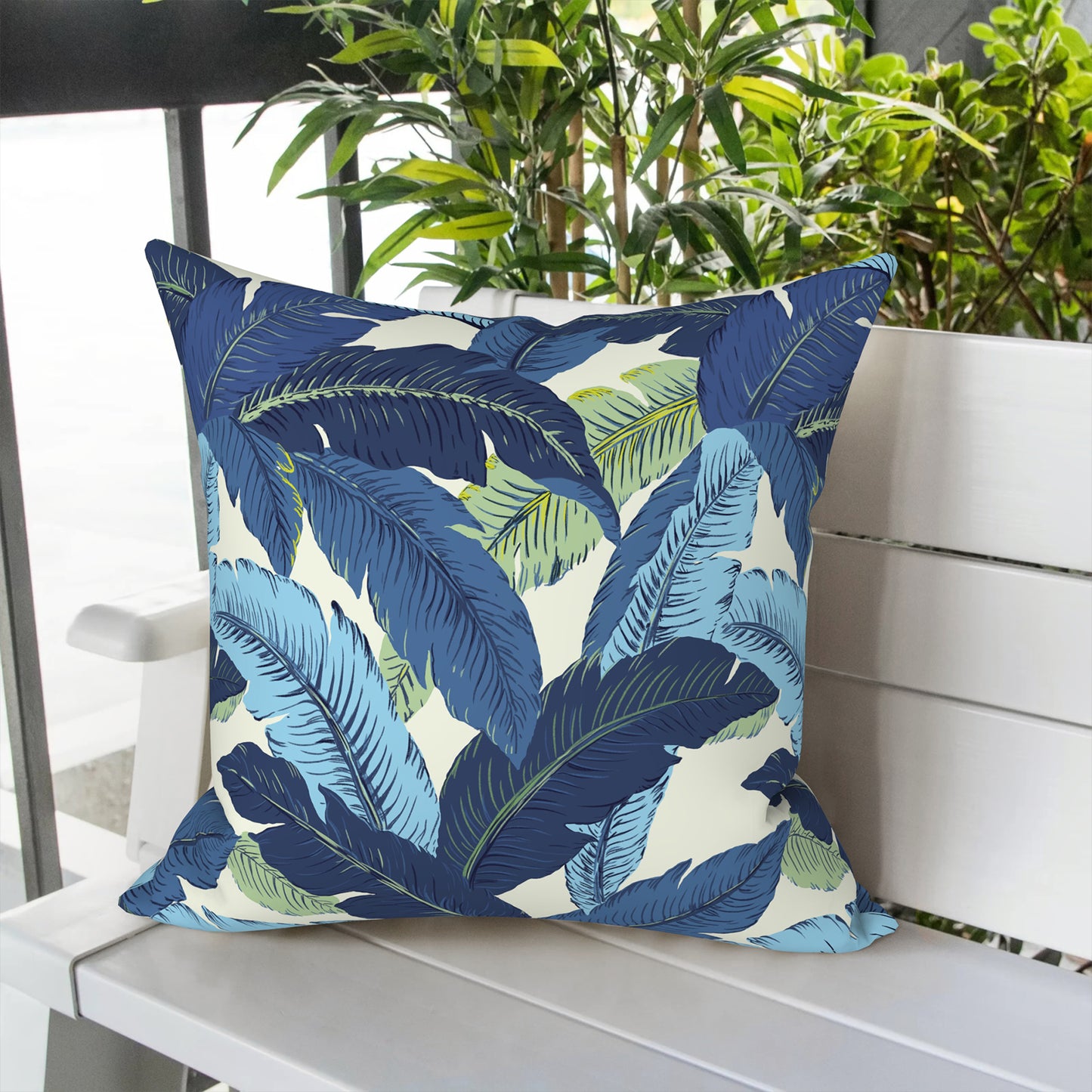 Melody Elephant Patio Throw Pillows with Inners, Fade Resistant Square Pillow Pack of 2, Decorative Garden Cushions for Home, 18x18 Inch, Swaying Palms Blue