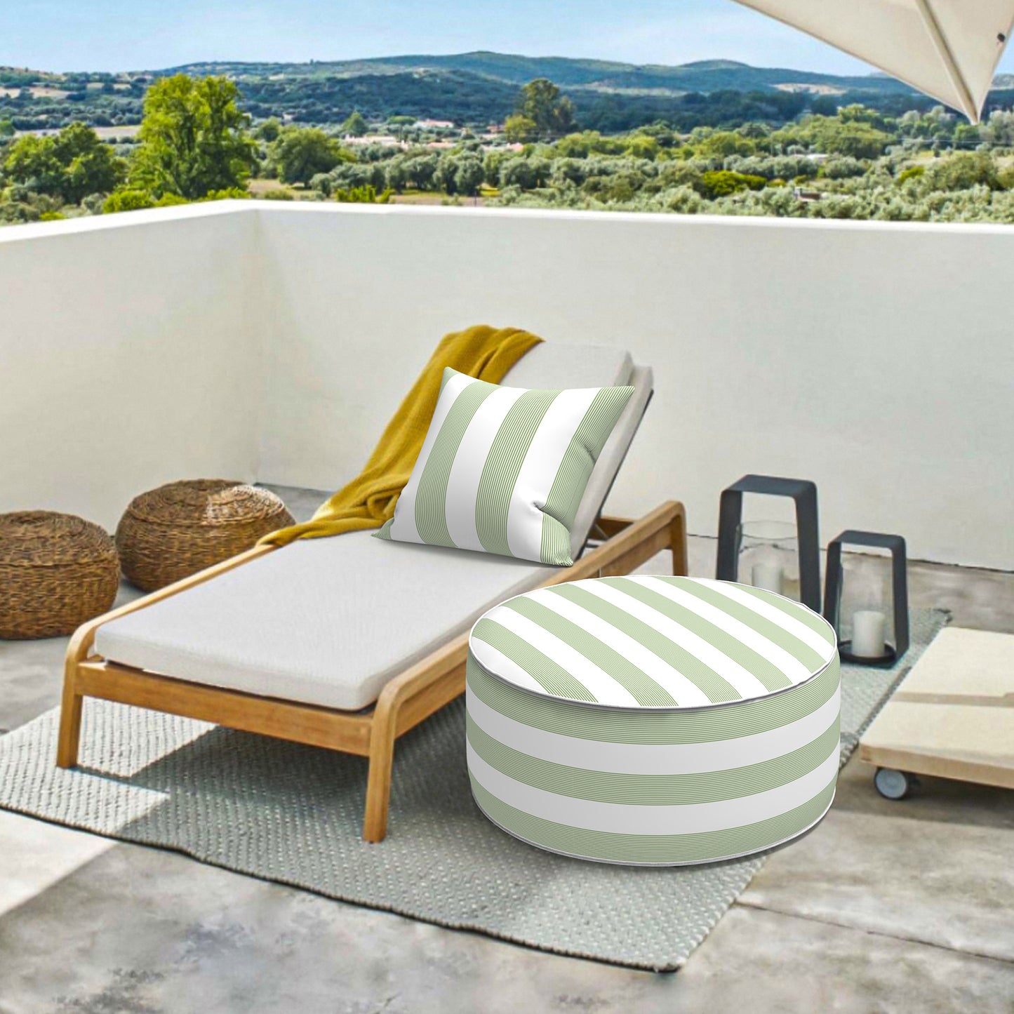 Outdoor Inflatable Stool Ottoman, All Weather Portable Footrest Stool, Furniture Stool Ottomans for Home Garden Beach, D31”xH14”, Stripe Cabana Green