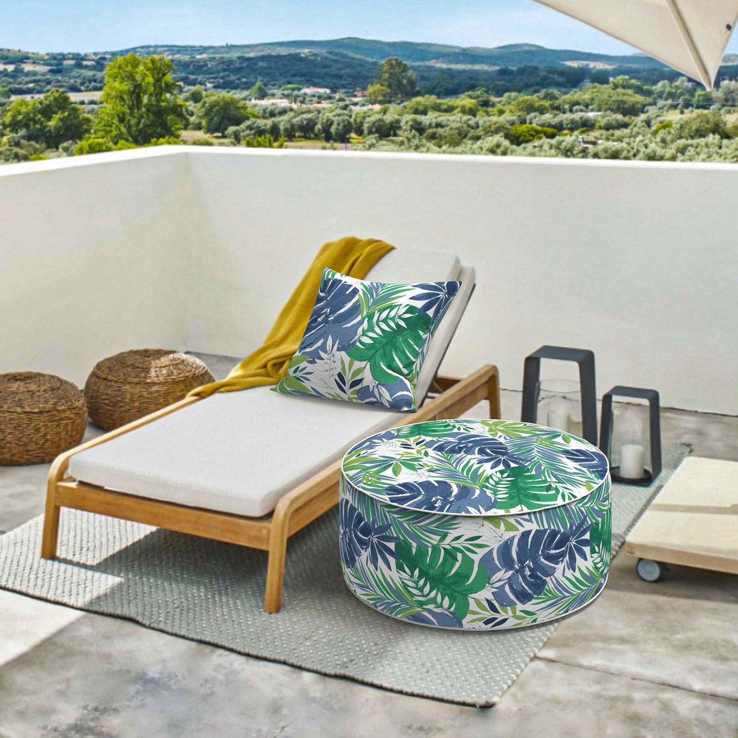 Outdoor Inflatable Stool Ottoman, All Weather Portable Footrest Stool, Furniture Stool Ottomans for Home Garden Beach, D31”xH14”, Islamorada Blue Green