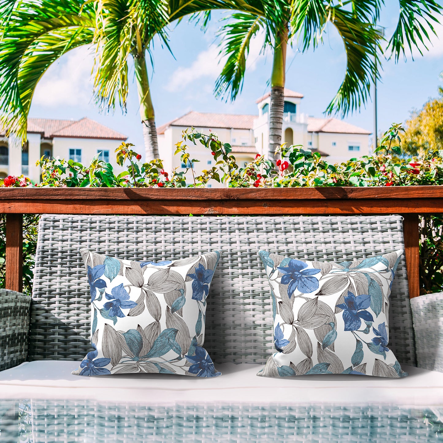 Melody Elephant Patio Throw Pillows with Inners, Fade Resistant Square Pillow Pack of 2, Decorative Garden Cushions for Home, 18x18 Inch, Clemens Blue