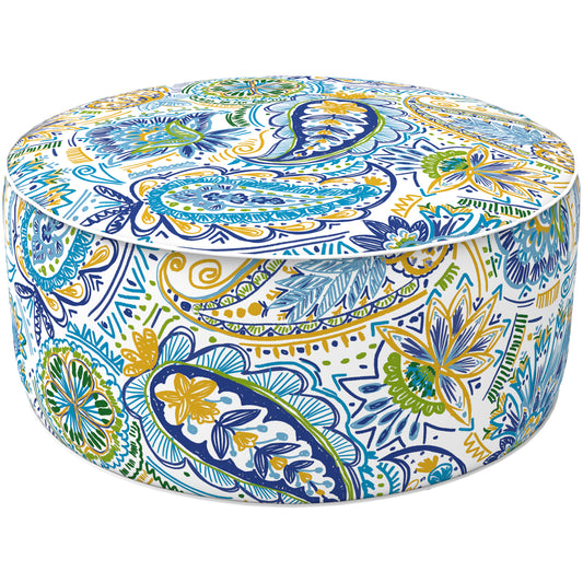 Melody Elephant Patio Inflatable Ottoman, 21x9 Inch Portable Stool Ottoman with Handle, Outdoor Round Footrest Stool for Garden Camping, Blue Paisley