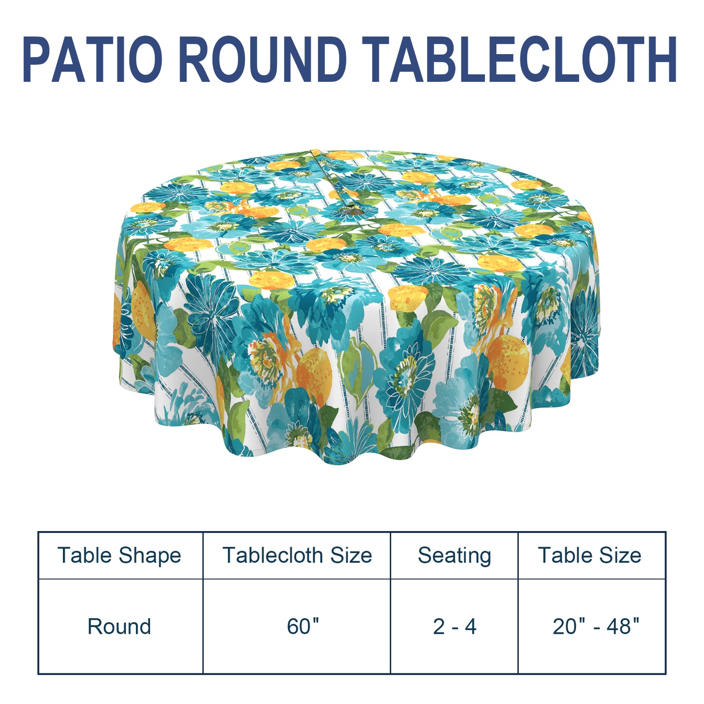 Melody Elephant Outdoor/Indoor Round Tablecloth with Umbrella Hole Zipper, Decorative Circular Table Cover for Home Garden, 60 Inch, Lotus Blue