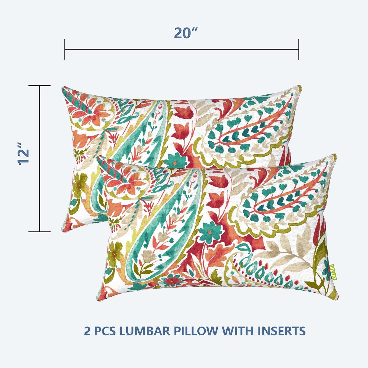 Melody Elephant Outdoor/Indoor Lumbar Pillows, Water Repellent Cushion Pillows, 12x20 Inch, Outdoor Pillows with Inserts for Home Garden, Pack of 2, Pretty Paisley