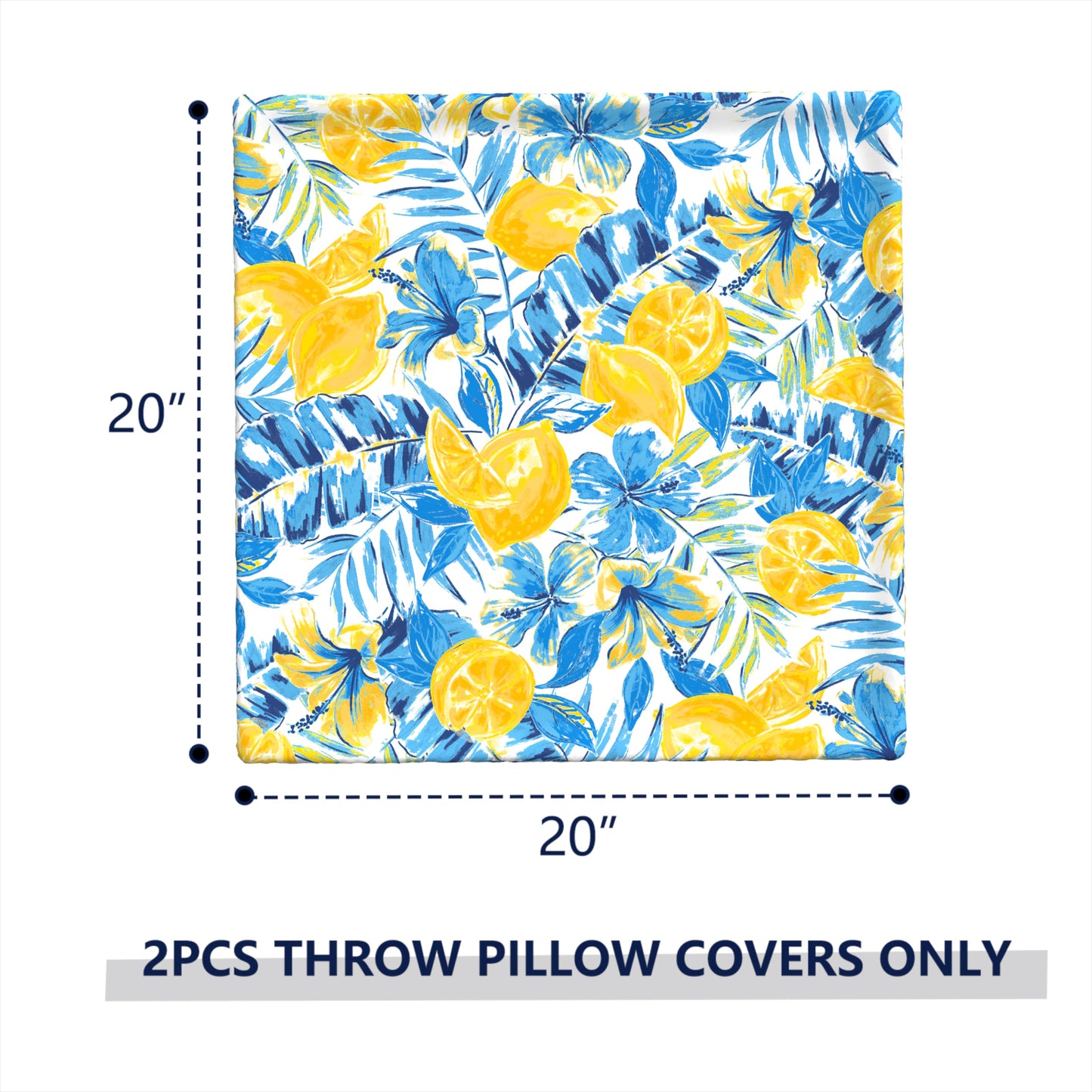 Melody Elephant Pack of 2 Patio Throw Pillow Covers ONLY, Water Repellent Cushion Cases 20x20 Inch, Square Pillowcases for Outdoor Couch Decoration, Lemon Blossom Blue