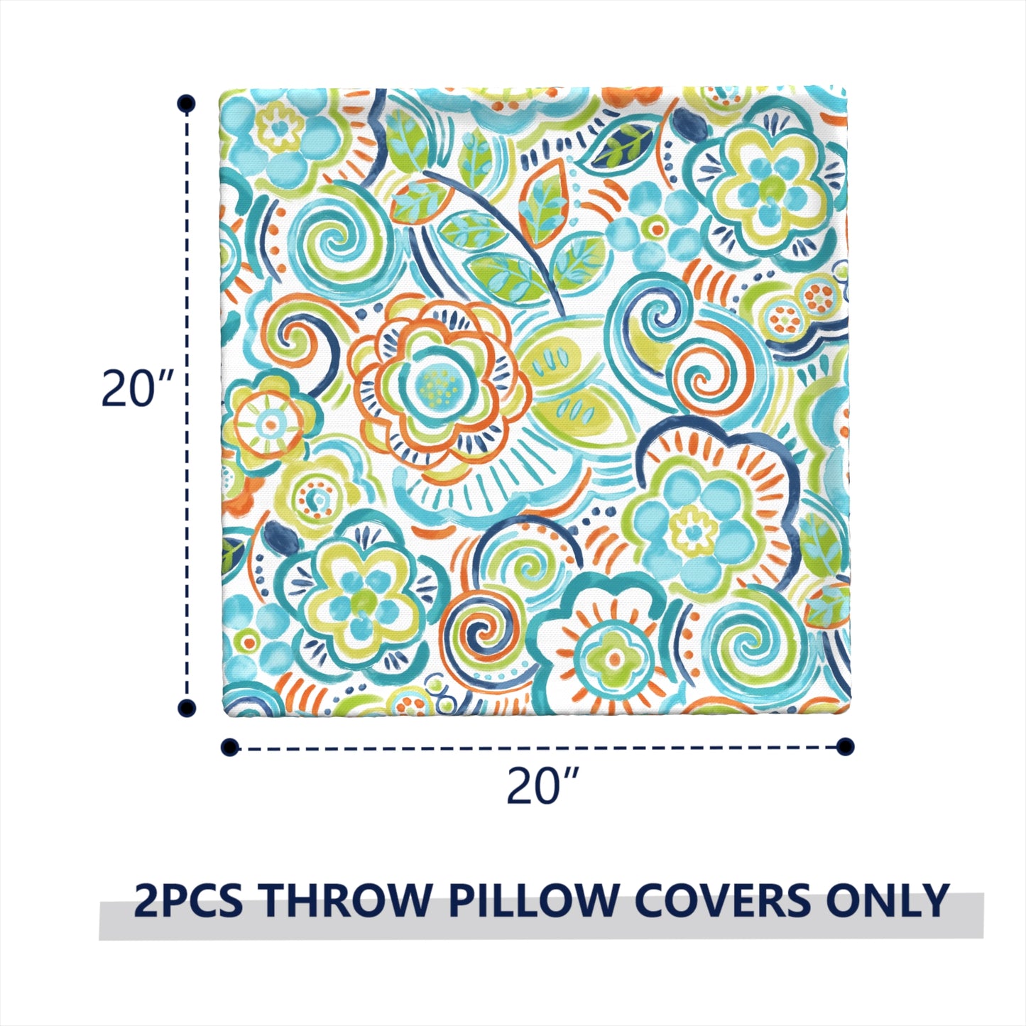 Melody Elephant Pack of 2 Patio Throw Pillow Covers ONLY, Water Repellent Cushion Cases 20x20 Inch, Square Pillowcases for Outdoor Couch Decoration, Flower Blue