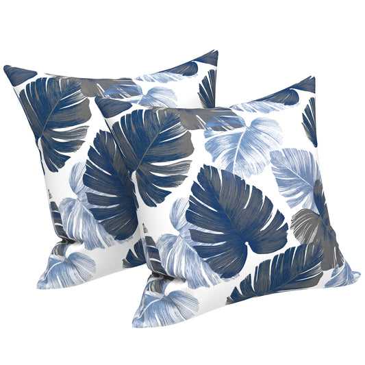 Melody Elephant Patio Throw Pillows with Inners, Fade Resistant Square Pillow Pack of 2, Decorative Garden Cushions for Home, 18x18 Inch, Monstera Blue