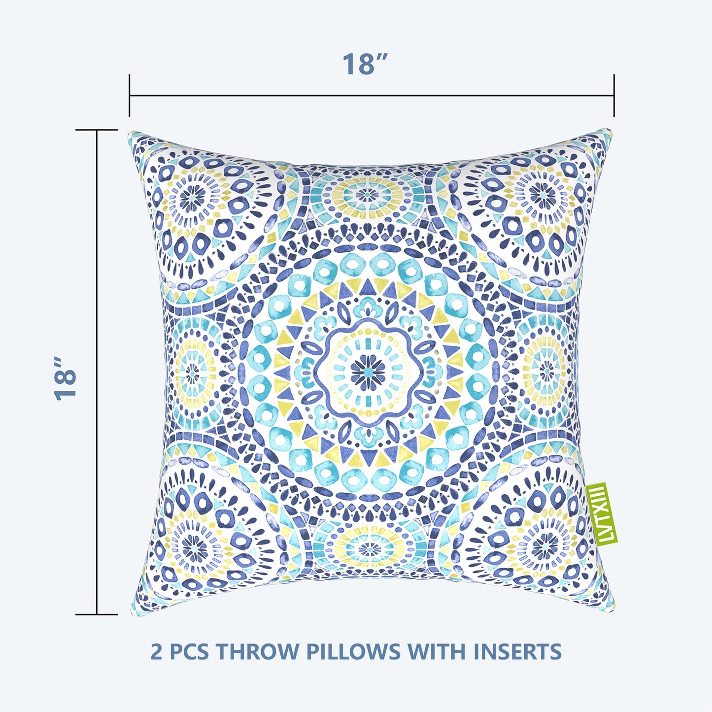 Melody Elephant Patio Throw Pillows with Inners, Fade Resistant Square Pillow Pack of 2, Decorative Garden Cushions for Home, 18x18 Inch, Delancey Lagoon