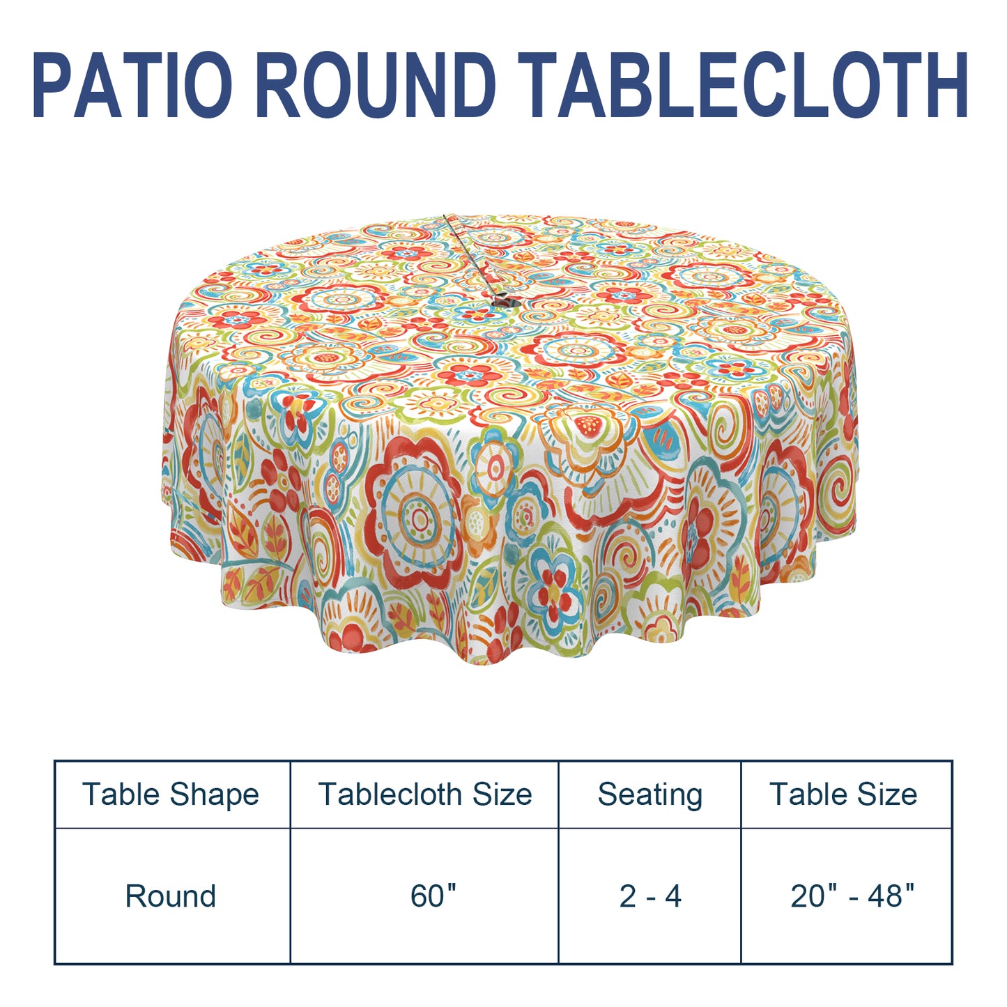 Melody Elephant Outdoor/Indoor Round Tablecloth with Umbrella Hole Zipper, Decorative Circular Table Cover for Home Garden, 60 Inch, Flower Multi