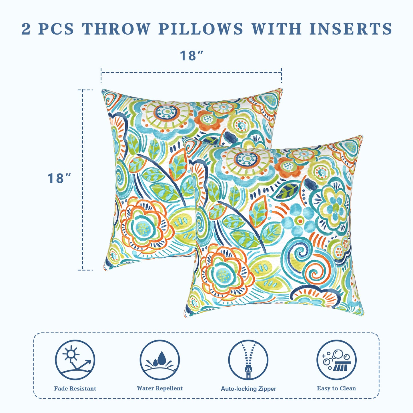 Melody Elephant Patio Throw Pillows with Inners, Fade Resistant Square Pillow Pack of 2, Decorative Garden Cushions for Home, 18x18 Inch, Flower Blue
