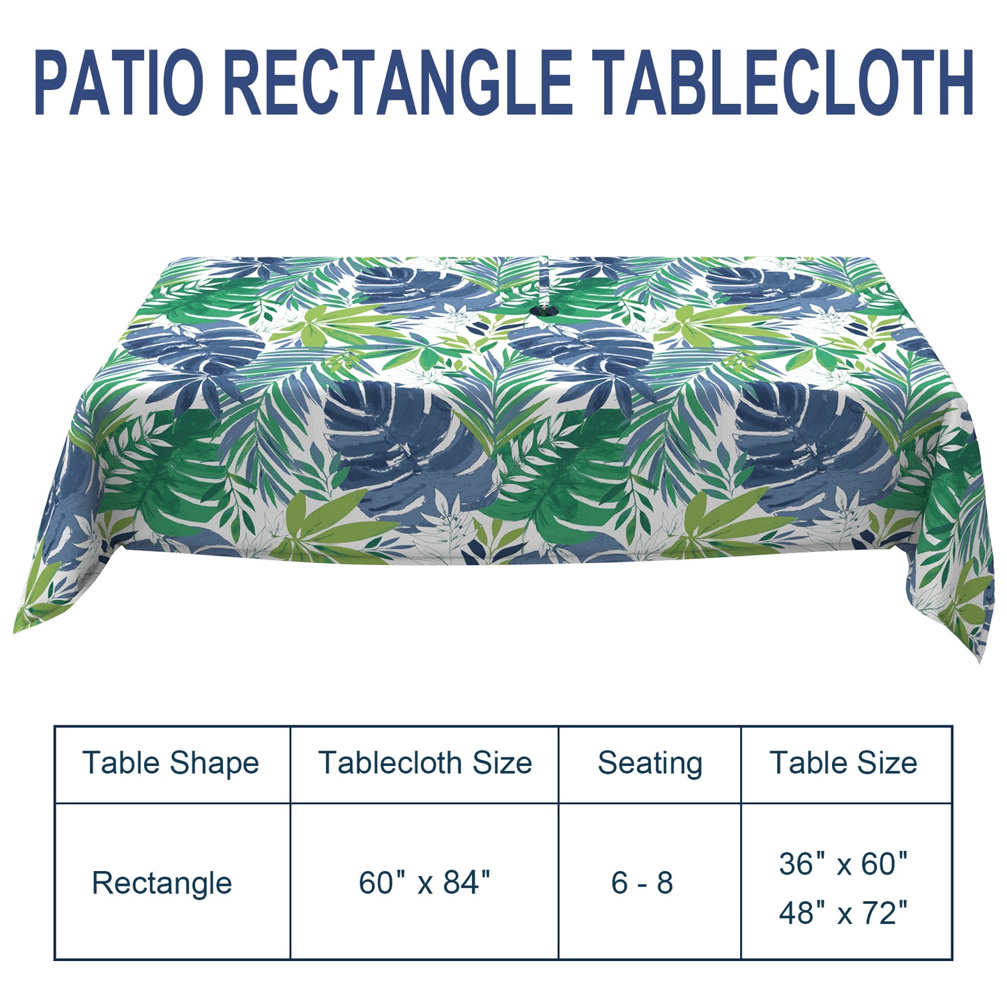 Melody Elephant Outdoor Rectangle Tablecloth, 60×84 Inch Water Repellent Picnic Table Cover with Umbrella Hole Zipper for Patio Family Meal, Islamorada Blue Green