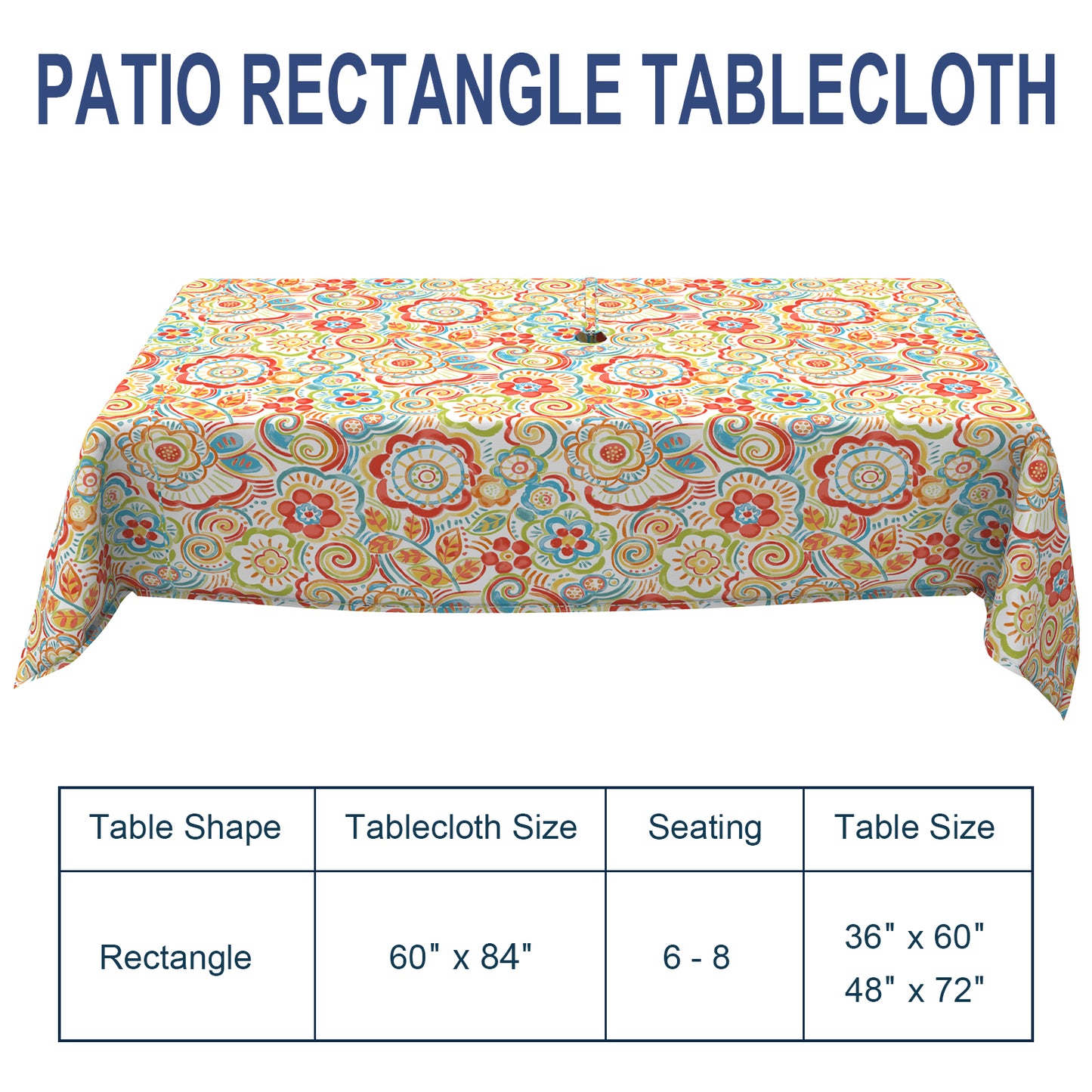 Melody Elephant Outdoor Rectangle Tablecloth, 60×84 Inch Water Repellent Picnic Table Cover with Umbrella Hole Zipper for Patio Family Meal, Flower Multi