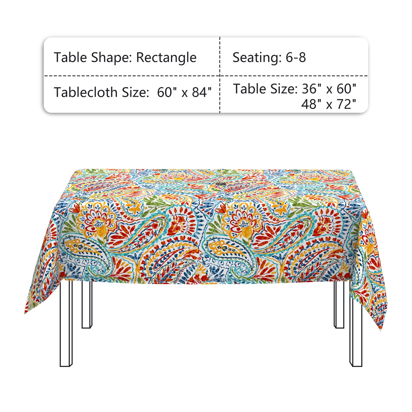 Melody Elephant Outdoor Rectangle Tablecloth, 60×84 Inch Water Repellent Picnic Table Cover with Umbrella Hole Zipper for Patio Family Meal, Paisley Multi