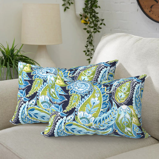 Melody Elephant Pack of 2 Outdoor Lumbar Pillow Covers, All Weather Cushion Pillow Cases 12x20 Inch, Pillowcase for Patio Couch Decoration, Paisley Lapis Green