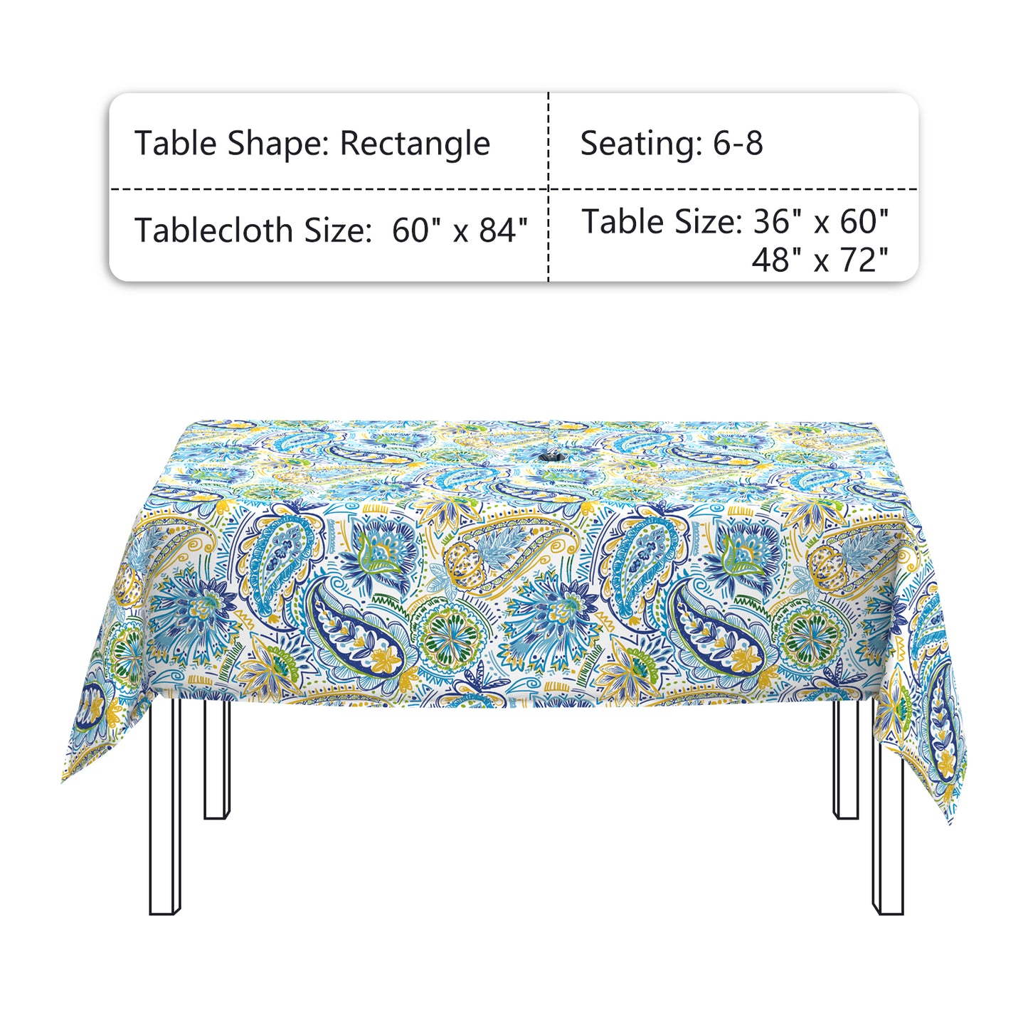 Melody Elephant Outdoor Rectangle Tablecloth, 60×84 Inch Water Repellent Picnic Table Cover with Umbrella Hole Zipper for Patio Family Meal, Blue Paisley