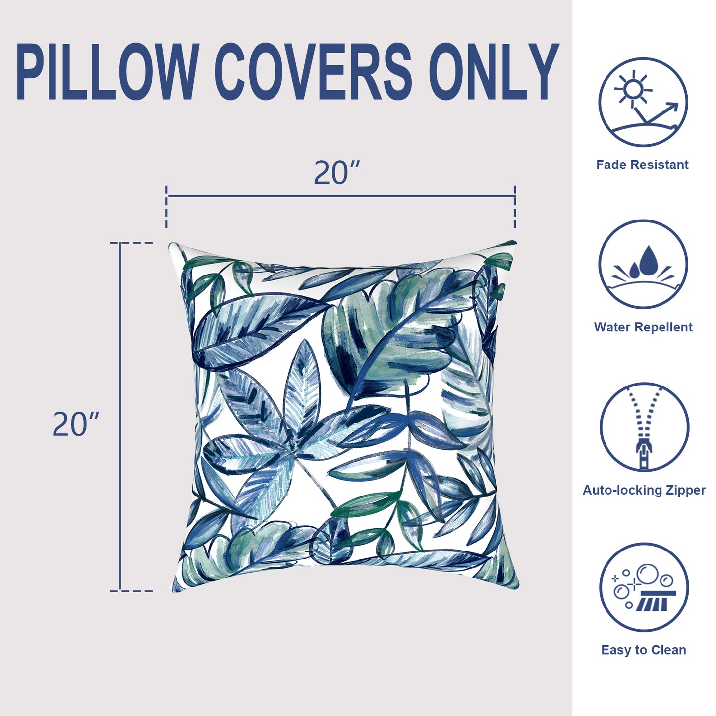Melody Elephant Pack of 2 Patio Throw Pillow Covers ONLY, Water Repellent Cushion Cases 20x20 Inch, Square Pillowcases for Outdoor Couch Decoration, Leaves Ink Blue