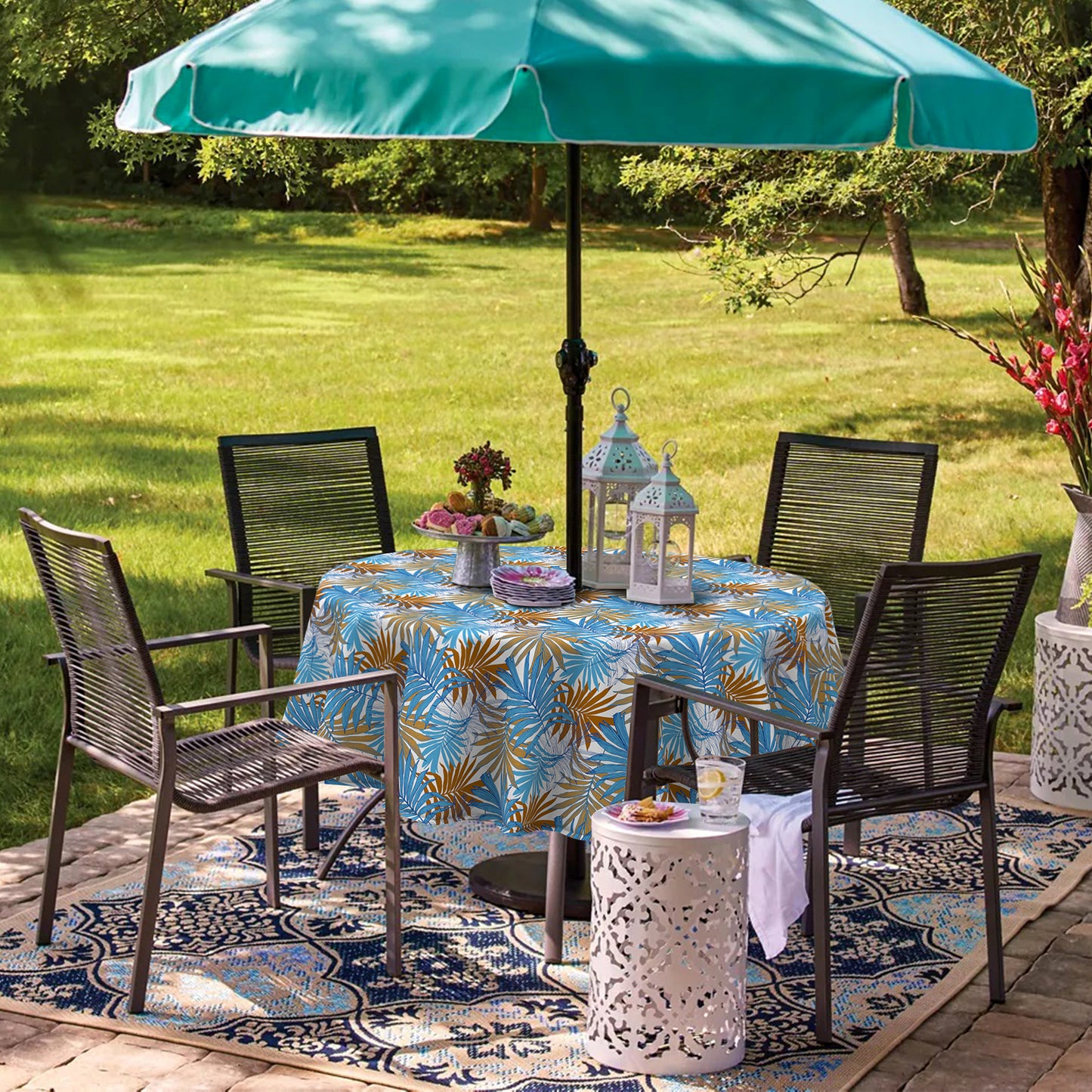 Melody Elephant Outdoor/Indoor Round Tablecloth with Umbrella Hole Zipper, Decorative Circular Table Cover for Home Garden, 60 Inch, Piermont Leaves Blue